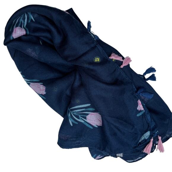 NEW Boho Floral Design Tasseled Rectangle Soft Chic Scarf Large Blue Pink White - Picture 2 of 15